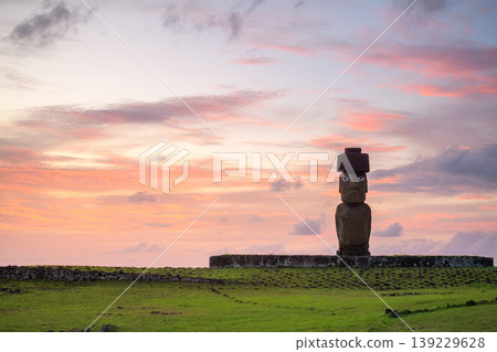Peaceful moai statue stands on serene easter island chile at sunset 139229628