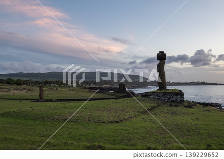 Majestic moai statue on serene easter island chile coastal landscape Majestic moai statue on serene easter island chile coastal landscape 139229652