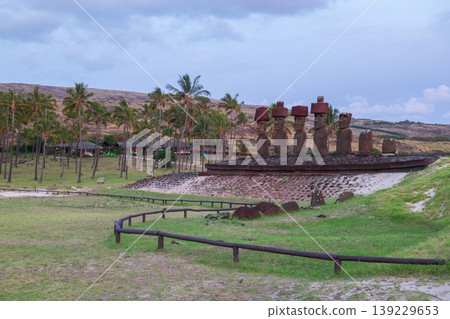 Serene moai statue at easter island chile with peaceful landscape Serene moai statue at easter island chile with peaceful landscape 139229653