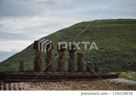 Serene and mysterious ancient moai statue monument on easter island chile Serene and mysterious ancient moai statue monument on easter island chile 139229656