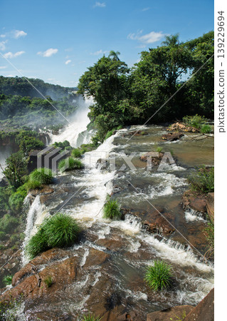 Majestic iguazu falls water flowing across green awe inspiring landscape Majestic iguazu falls water flowing across green awe inspiring landscape 139229694