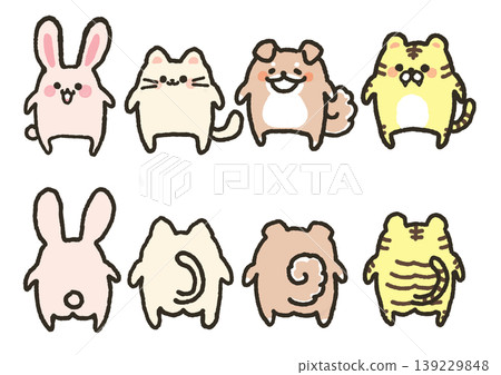 A set of illustrations showing cute animals from the front and back. 139229848