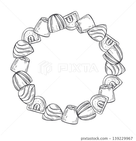 Monochrome hand drawn assorted chocolate candies wreath. Delicious dessert with dark chocolate, cream and hazelnuts nut kernel frame with copy space for text. Confectionery template for menu 139229967