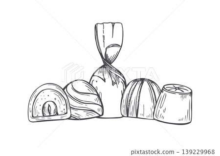 Chocolate candy collection hand drawn vector sketch. Assortment of sweet treats and dessert food. Outline illustration of cocoa confectionery for bakery, cafe menu, holiday gift and design. 139229968