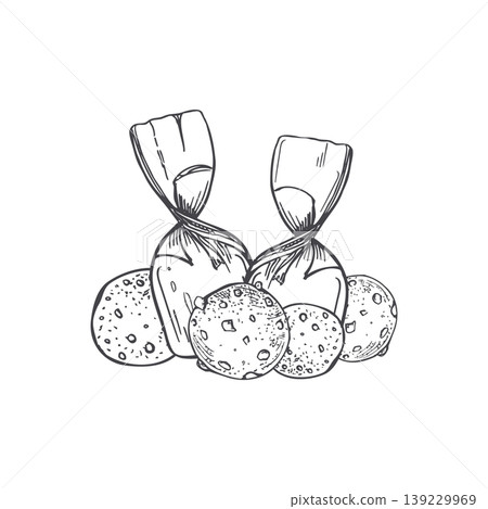 Hand drawn wrapped candy and chocolate chip cookie vector isolated illustration. Sweet treat sketch for bakery menu. Confectionery and pastry desserts for restaurant food graphic art. 139229969