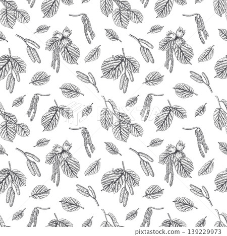 Hand drawn hazelnut branch, leaf and catkin seamless isolated pattern. Blooming forest plants botanical illustration. Male catkins on hazelnut tree with new spring leaf growth for textile, wallpaper Hand drawn hazelnut branch, leaf and catkin seamless isolated pattern. Blooming forest plants botanical illustration. Male catkins on hazelnut tree with new spring leaf growth for textile, wallpaper 139229973