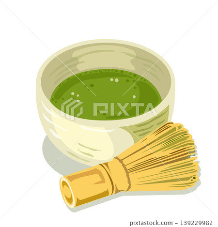 Japanese ceremonial matcha green tea in a traditional bowl with bamboo whisk (chasen), vector illustration. Japanese ceremonial matcha green tea in a traditional bowl with bamboo whisk (chasen), vector illustration. 139229982