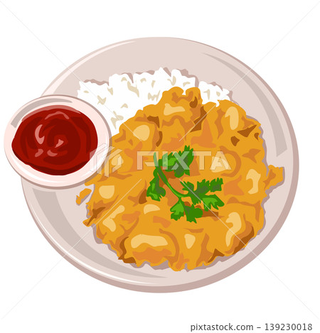 Thai style omelet on rice with chili sauce and coriander, delicious home-cooked meal, vector illustration. Thai style omelet on rice with chili sauce and coriander, delicious home-cooked meal, vector illustration. 139230018
