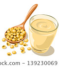 Soy milk in a glass with soybeans on a wooden spoon, vector illustration. 139230069
