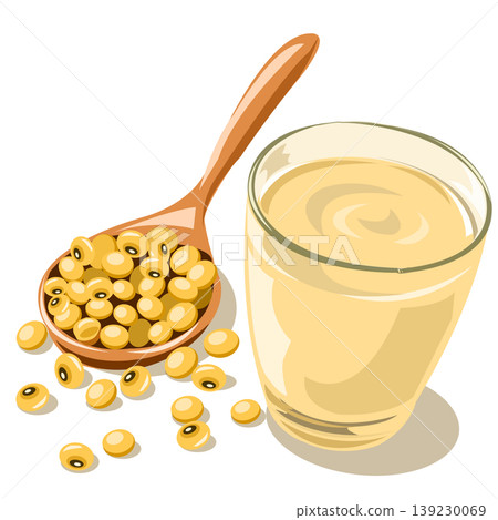 Soy milk in a glass with soybeans on a wooden spoon, vector illustration. Soy milk in a glass with soybeans on a wooden spoon, vector illustration. 139230069
