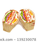 Homemade sandwich with fried egg, sausage, and fresh vegetables in paper wrap, vector illustration. 139230078