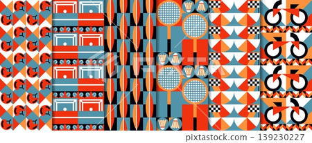 Modern geometric sports seamless patterns set with tennis racket, shuttlecock, bicycle, helmet, court track and checkered race flag. Abstract vector backgrounds retro repeating tile texture or grid Modern geometric sports seamless patterns set with tennis racket, shuttlecock, bicycle, helmet, court track and checkered race flag. Abstract vector backgrounds retro repeating tile texture or grid 139230227