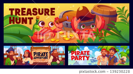Cartoon pirates and corsairs banners with treasure hunt, adventure and party vector scenes. Characters captain and sailor near ship, sea and island with chest, coins, crab and bottle in tropical beach 139230228