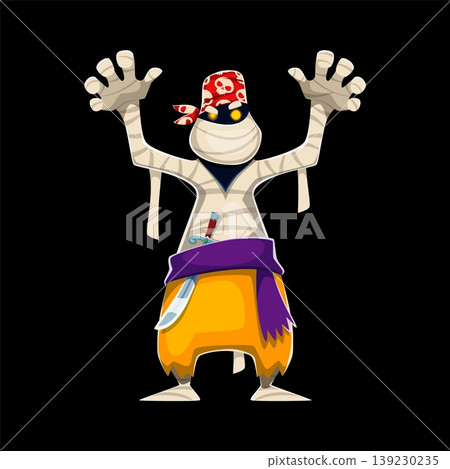 Cartoon corsair and pirate mummy character with bandaged body, glowing eyes, red skull bandana and raised hands. Vector spooky undead Halloween sailor personage exudes adventure horror holiday mood 139230235