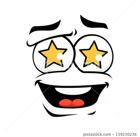 Cartoon face with star eyes and open smiling mouth, expressing admiration, excitement, amazement and enthusiasm. Vector funny wow emotion, emoji and expression face for emoticon communication reaction Cartoon face with star eyes and open smiling mouth, expressing admiration, excitement, amazement and enthusiasm. Vector funny wow emotion, emoji and expression face for emoticon communication reaction 139230236