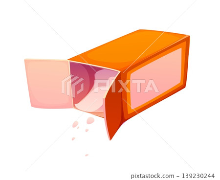 Cartoon baking soda box with open flaps and spilled powder particles. Vector open lying packaging representing a household soda product for cleaning or cooking tasks. Cook food process in action Cartoon baking soda box with open flaps and spilled powder particles. Vector open lying packaging representing a household soda product for cleaning or cooking tasks. Cook food process in action 139230244