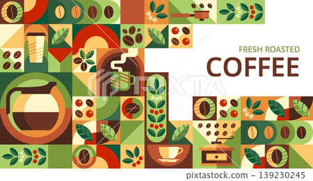 Fresh roasted coffee beans and hot drink geometric pattern with steaming cup, coffee pot, beans, grinder and coffee plant leaves in warm earthy tones. Vector retro modern tile background for cafe Fresh roasted coffee beans and hot drink geometric pattern with steaming cup, coffee pot, beans, grinder and coffee plant leaves in warm earthy tones. Vector retro modern tile background for cafe 139230245