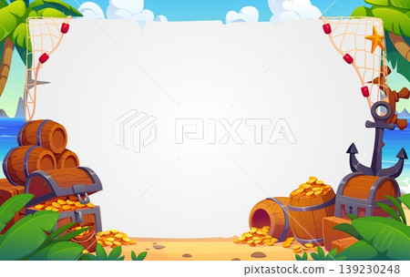 Pirate banner with empty paper scroll and treasure chests and barrels. Cartoon vector photo frame template with gold coins, anchor, rope and fishing net. Tropical island beach sea adventure background Pirate banner with empty paper scroll and treasure chests and barrels. Cartoon vector photo frame template with gold coins, anchor, rope and fishing net. Tropical island beach sea adventure background 139230248
