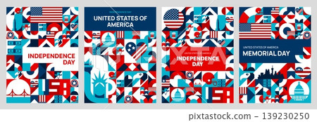 USA Independence and Memorial Day holiday posters with geometric pattern, vector backgrounds. USA pattern of US flags and American symbols of Statue of Liberty in New York and Washington Capitol USA Independence and Memorial Day holiday posters with geometric pattern, vector backgrounds. USA pattern of US flags and American symbols of Statue of Liberty in New York and Washington Capitol 139230250