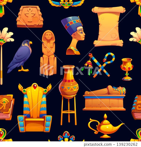 Egyptian seamless pattern with ancient artifacts of pharaoh bust, sarcophagus, papyrus scroll, falcon, throne and vase, statues and amulet, golden lamp, scarab and hieroglyphic relics, vector tile 139230262