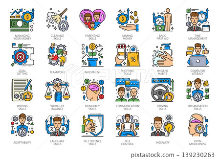 Life skills line icons of personal success or achievement of self training, vector pictograms. Life skills color icons of human habits in work and balance organization, money making or time management Life skills line icons of personal success or achievement of self training, vector pictograms. Life skills color icons of human habits in work and balance organization, money making or time management 139230263
