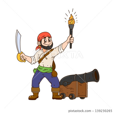 Cartoon pirate or groovy corsair sailor character with cannon, vector funny game personage. Y2K Caribbean pirate or corsair seaman in sailor bandana or boatswain and captain with saber sword and torch 139230265