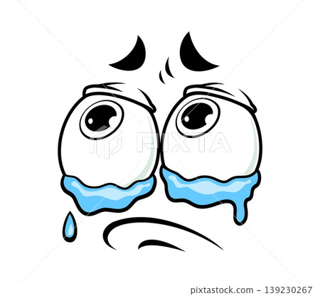 Cartoon sad and crying face with large tearful eyes, downturned brows and sorrowful expression. Vector funny face emotion for social media reactions, educational materials or child psychology guides 139230267