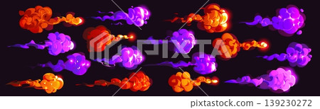 Cartoon magic red and purple smoke effects. Glowing red flames and mystical purple fumes, clouds and neon magic vapor. Vector fantasy explosion splashes for games Cartoon magic red and purple smoke effects. Glowing red flames and mystical purple fumes, clouds and neon magic vapor. Vector fantasy explosion splashes for games 139230272