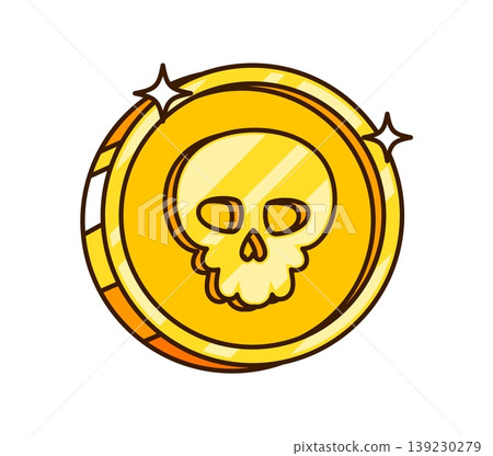 Cartoon pirate golden coin with skull and shine. An ancient golden doubloon featuring bold skull engraving and decorative ridges. Vector coin for treasure hunt graphics or digital stickers Cartoon pirate golden coin with skull and shine. An ancient golden doubloon featuring bold skull engraving and decorative ridges. Vector coin for treasure hunt graphics or digital stickers 139230279