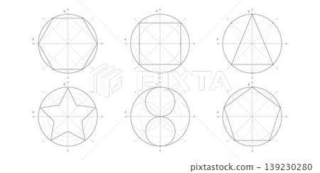 Geometric drawing of circles. School geometry. Mathematical construction of figures . Vector illustration. 139230280