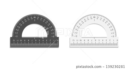 Measuring instrument. Half circle protractor. Markings for accurate geometry work. Vector illustration. 139230281