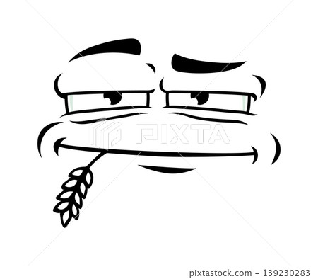 Cartoon smug face, funny emotion and expression showing a sly smirk and relaxed eyes holding a wheat stalk in the mouth. Vector emoticon character conveying playful, mischievous and amused emoji Cartoon smug face, funny emotion and expression showing a sly smirk and relaxed eyes holding a wheat stalk in the mouth. Vector emoticon character conveying playful, mischievous and amused emoji 139230283
