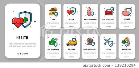 Insurance mobile app onboarding screen, health safety and ambulance line icons. Vector dashboard interface ui symbols for health, car, home, travel or protection services. User friendly digital layout 139230294