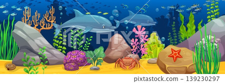 Underwater landscape game background with dolphins. Marine world vector cover, coral reef underwater landscape. Sea bottom background with dolphins and crab character, seaweeds and corals, fish school Underwater landscape game background with dolphins. Marine world vector cover, coral reef underwater landscape. Sea bottom background with dolphins and crab character, seaweeds and corals, fish school 139230297