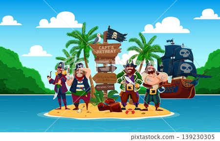 Cartoon pirate characters on Caribbean island. Vector corsair ship crew personages standing on tropical island with palm trees near wooden directional sign, treasure barrels, ship and skull flag Cartoon pirate characters on Caribbean island. Vector corsair ship crew personages standing on tropical island with palm trees near wooden directional sign, treasure barrels, ship and skull flag 139230305