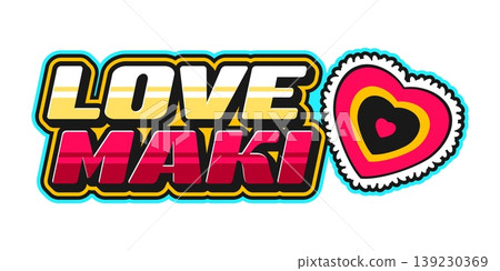 Japan cuisine maki sushi love retro Y2K sticker or tag. Sushi dish Y2K sticker, Asian menu meal vintage vector label. Japan seafood delicacy patch with metal glossy typography and sushi heart 139230369