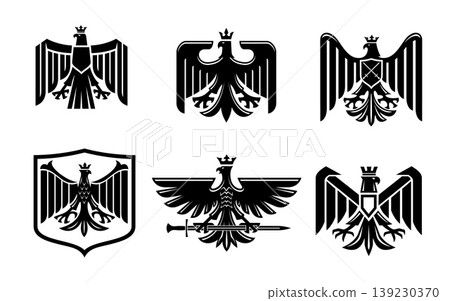 Royal heraldry eagle icons and emblems with crowns and sword. Black eagle, falcon and hawk birds vector silhouettes with spread wings. Medieval gothic heraldic shield badges set with birds of prey 139230370