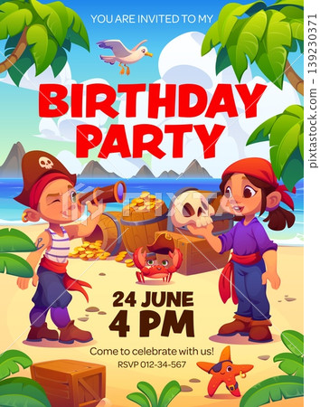 Pirate kids party flyer with cute corsair characters at treasure island beach with palms and chest of gold. Birthday party flyer of cartoon funny boy and girl pirates with captain hat and spy glass 139230371
