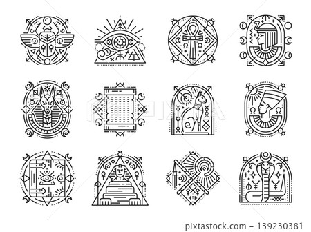 Egyptian esoteric and boho tattoo, Gods and sacred symbols. Ancient Egypt vector line icons of egyptian scarab, horus eye, pharaoh, cat and cleopatra. Pyramid and ankh tattoos with outline ornaments 139230381