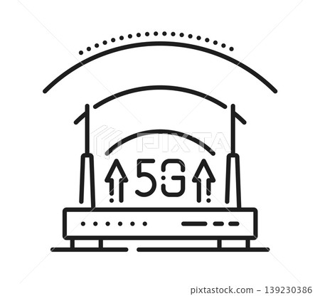 5G wireless modem network line icon or symbol. 5G network linear pictogram, wireless technology thin line vector icon. Data signal transmission sign or outline symbol with router electronic device 139230386