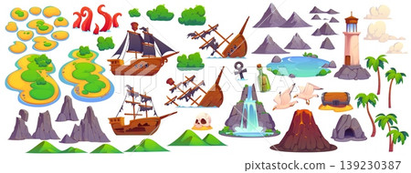 Pirate treasure island constructor, vector game UI asset. Cartoon tropical sea island constructor set, treasure chest, pirate ships and beach, shipwreck, skull and map bottle, volcano and palm trees 139230387