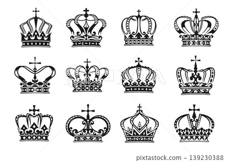 Heraldic royal crown, king, emperor or duke medieval hats. Vintage ornate royal coronation crown vector silhouettes with jewels, gothic crosses and victorian flourishes for heraldic crest or badge Heraldic royal crown, king, emperor or duke medieval hats. Vintage ornate royal coronation crown vector silhouettes with jewels, gothic crosses and victorian flourishes for heraldic crest or badge 139230388