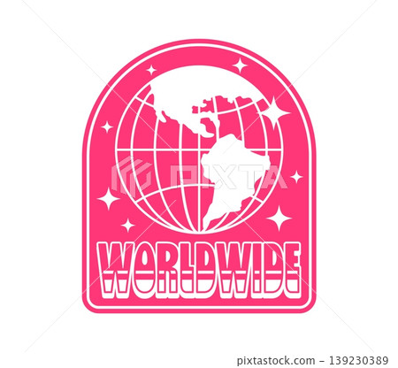 Worldwide geography globe Y2K funky sticker or symbol. Planet Y2K vector terrestrial sphere label, world globus tag. Earth wireframe sticker with white globe and funky typography on pink background 139230389