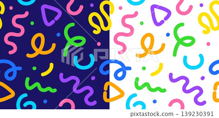 Kids squiggle seamless pattern background with abstract shapes. vector dynamic arrangement of scribbles, doodles, curls or twists. Zigzags, swirls and loops for wallpaper, textile print or backdrop Kids squiggle seamless pattern background with abstract shapes. vector dynamic arrangement of scribbles, doodles, curls or twists. Zigzags, swirls and loops for wallpaper, textile print or backdrop 139230391