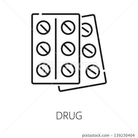 Allergen free icon or non food allergy pictogram of medical drug pills, line vector. No contains drug allergens or antibiotics and hormone free icon for health safe and non allergic product tag label Allergen free icon or non food allergy pictogram of medical drug pills, line vector. No contains drug allergens or antibiotics and hormone free icon for health safe and non allergic product tag label 139230404