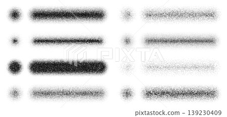 Noise grain brushes pack, strokes and dots set. Noise spray powder graffiti vector texture stroke, dust particle grungy airbrush gradient. Sand dot rough brush or grain wave paint shadow effect Noise grain brushes pack, strokes and dots set. Noise spray powder graffiti vector texture stroke, dust particle grungy airbrush gradient. Sand dot rough brush or grain wave paint shadow effect 139230409