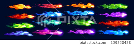 Plasma clots and comic gun fire effect vector trails in red, blue, green and purple flames. Fire streaks with dynamic movement and neon highlights. Plasma explosions and fire trails, flames and bursts Plasma clots and comic gun fire effect vector trails in red, blue, green and purple flames. Fire streaks with dynamic movement and neon highlights. Plasma explosions and fire trails, flames and bursts 139230428