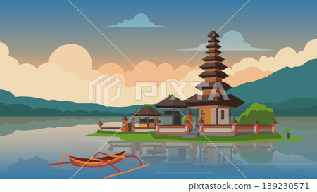 Golden Sunrise Bali Temple Flat Design Illustration Golden Sunrise Bali Temple Flat Design Illustration 139230571