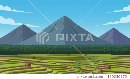 Volcano Horizon Bali Rice Flat Design Illustration 139230573