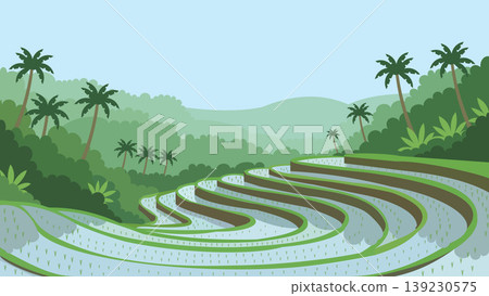 Misty Terraces Bali Rice Flat Design Illustration Misty Terraces Bali Rice Flat Design Illustration 139230575